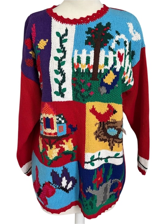 Vintage Sweaters - Vtg Karen Scott Hand Knit Sweater Spring Cardinal Bird Flowers Birdhouse Sz L